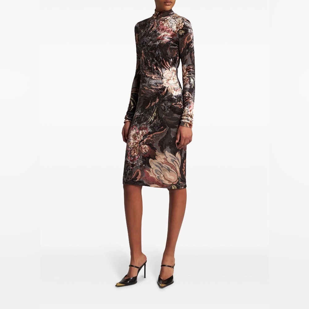 NWT ETRO Printed Chenille Midi Dress in Grey Combo Size 46.